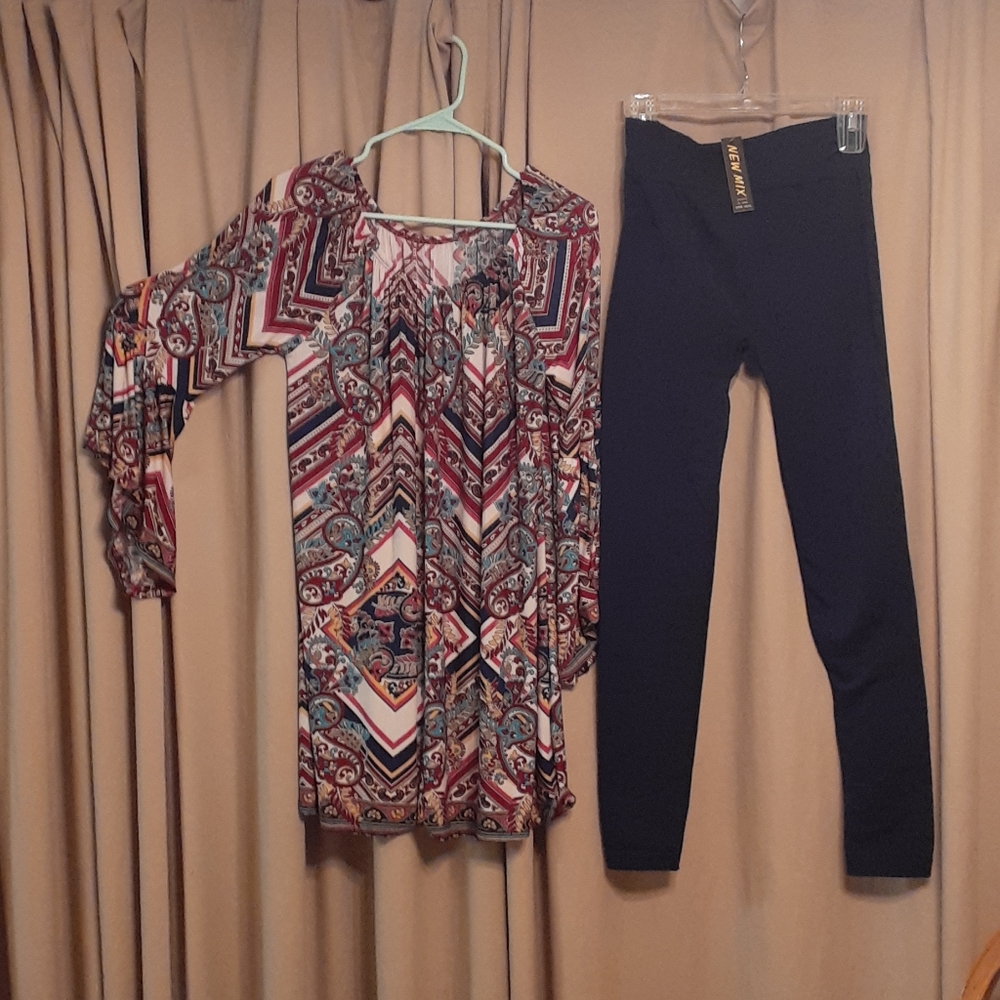 🔥Mixed Print Blouse, Lg. Pants  Navy Blue. OS